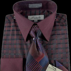 Fratello Men's Dress Shirt Wine Navy Tie Hanky French Cuff Silver Wine Cufflinks